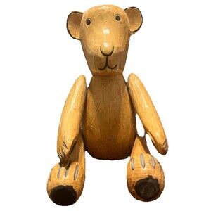 Vintage 12" Hand Carved Wooden Teddy Bear Jointed Articulated Folk Art Figurine